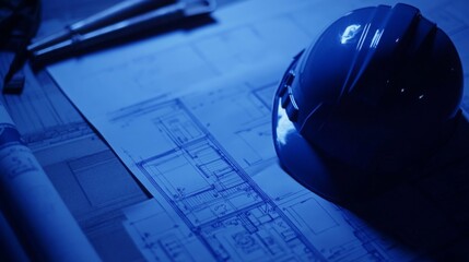 Poster - Construction planning involves analyzing blueprints and using safety gear. This process is crucial for successful real estate projects, highlighting the importance of careful design and preparation.