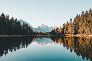 Breathtaking autumn mountain lake with crystal-clear water, vibrant foliage reflections, and serene forest surroundings perfect for travel, adventure, and nature-themed projects