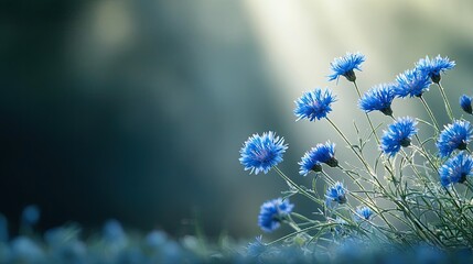 Poster - Blue wildflower idea. Delicate blue flowers basking in soft sunlight, creating a serene and tranquil atmosphere.
