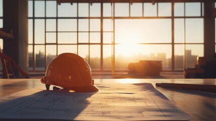 Aufkleber - A safety helmet rests on architectural plans inside a spacious construction site bathed in warm sunset light. The expansive windows frame a vibrant skyline, symbolizing progress.