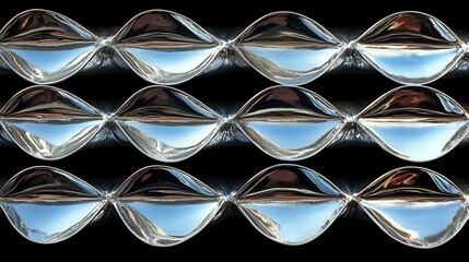 Wall Mural - A close-up of reflective, wavy glass structures arranged in rows, creating a shimmering effect with captivating reflections.