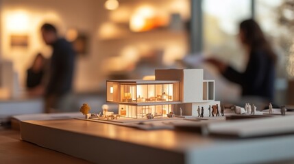 Aufkleber - A detailed architectural model is presented on a table amid a workspace filled with professionals discussing real estate designs.