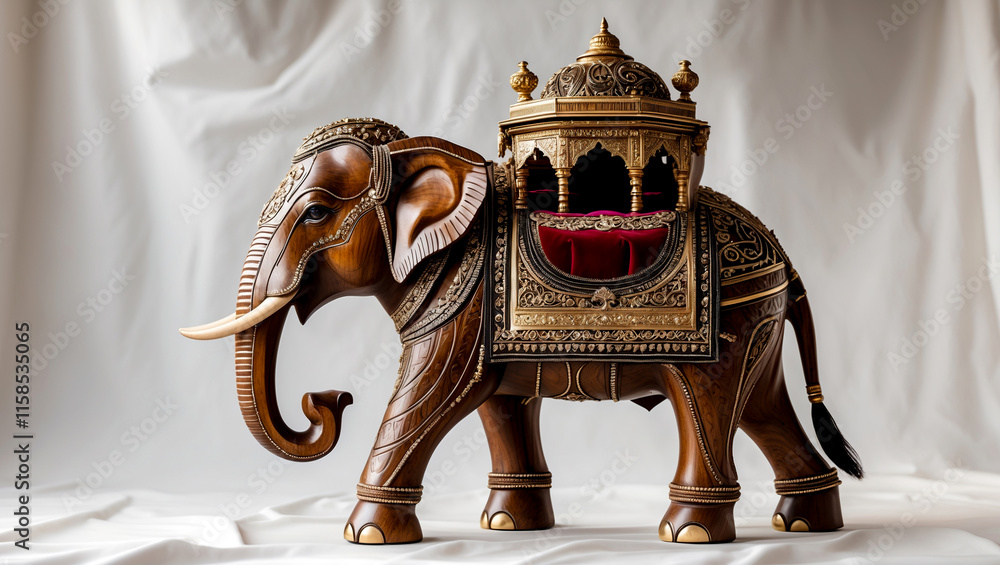 An intricately carved wooden elephant with howdah on top on white ...