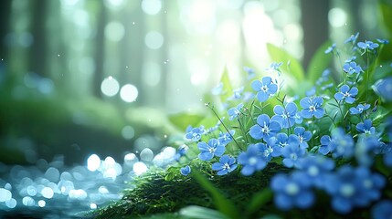 Poster - Blue wildflower idea. A serene forest scene featuring delicate blue flowers beside a tranquil stream.