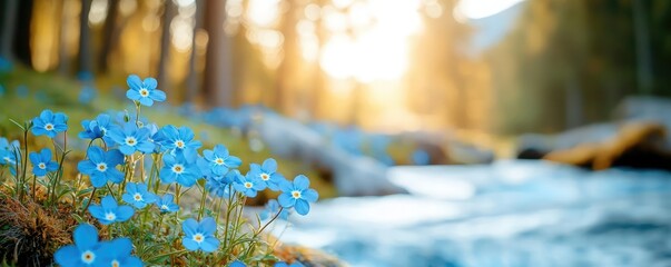Poster - Blue wildflower idea. Vibrant blue flowers blooming by a serene river in a peaceful forest landscape.