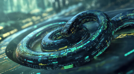 conceptual image of software development featuring digital spiral structure with glowing data patterns, symbolizing technology and innovation