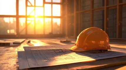 Aufkleber - A construction site is bathed in warm sunset light, highlighting an orange hard hat resting on blueprints. The setting emphasizes the importance of safety and planning in building projects.
