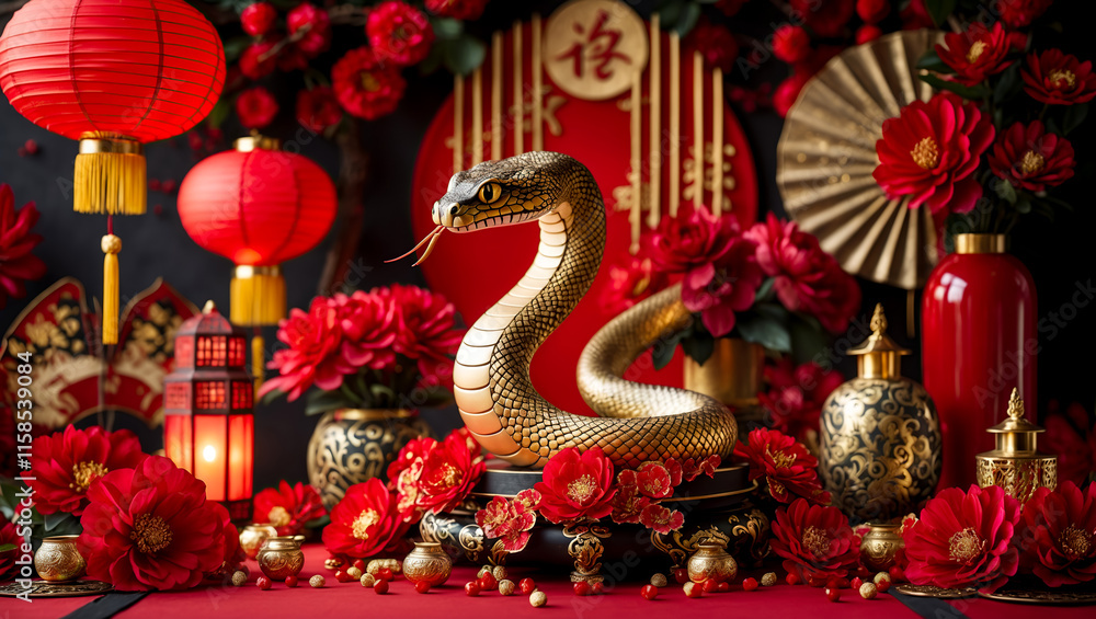 Photo Stock Red and gold chinese snake new year 2025 background ...