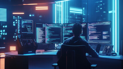 person working in futuristic coding environment with multiple screens displaying programming code. atmosphere is vibrant with neon lights, creating tech savvy ambiance