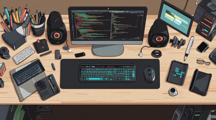 programmer desk featuring multiple monitors, coding on screen, and various tech gadgets. workspace is organized with keyboard, mouse, and stationery, creating productive environment