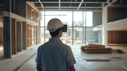 Poster - A construction manager wearing a virtual reality headset examines the unfinished space of a new real estate development.