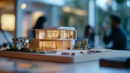 Poster - A modern architectural model showcases a sleek glass house with a spacious interior layout.