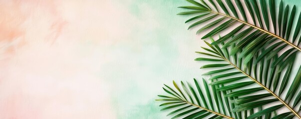Poster - Palm leaves abstract background concept. Close-up of vibrant green palm leaves against a textured, colorful background.
