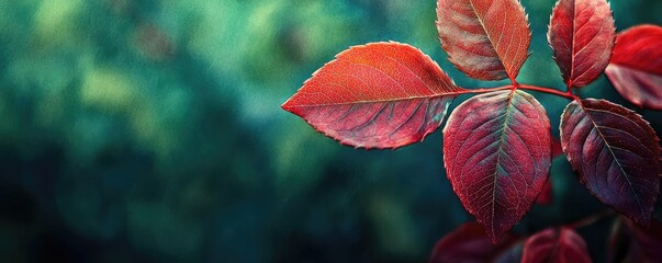 Poster - Rose leaves abstract background concept. Vibrant red leaves against a blurred green background, showcasing nature's beauty.