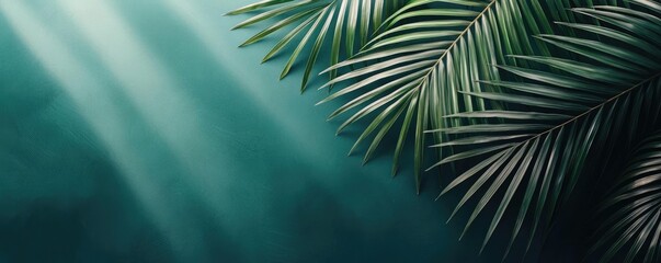 Poster - Palm leaves abstract background concept. Lush green palm leaves illuminated by soft sunlight, creating a serene atmosphere.