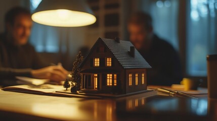Aufkleber - Two individuals collaborate on real estate strategies using AI technology, surrounded by papers and a detailed model of a home.