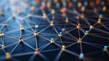 Network connection, abstract colorful pins linked by thin threads on dark background.
