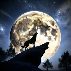 silhouette of a wolf howling on a cliff full moon