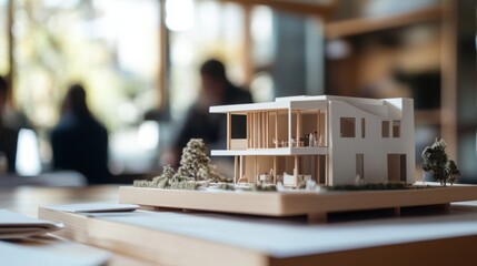 Poster - A detailed model of a contemporary house sits prominently on a display table in a real estate office.
