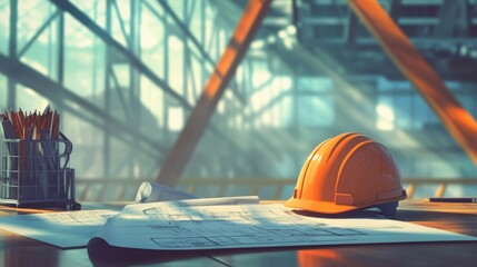 Poster - A well-lit workspace showcases detailed blueprints spread across a wooden table, accompanied by a safety helmet and pencil holder. Bright beams of light filter through a structural framework.