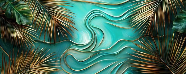 Poster - Palm leaves abstract background concept. Aesthetic view of vibrant green leaves surrounding flowing turquoise background.