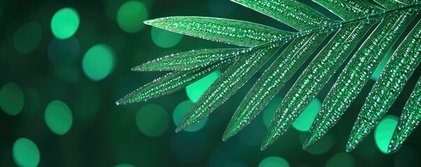 Poster - Palm leaves abstract background concept. Close-up of a green leaf with shimmering droplets and a bokeh background.