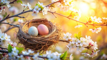 Bird's Nest with colorful Easter Eggs in blooming tree branch, Easter holiday Concept