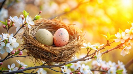 Bird's Nest with colorful Easter Eggs in blooming tree branch, Easter holiday Concept