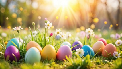  Multi-colored Easter Eggs hidden in wildflowers field with sunlight festive spring celebration concept