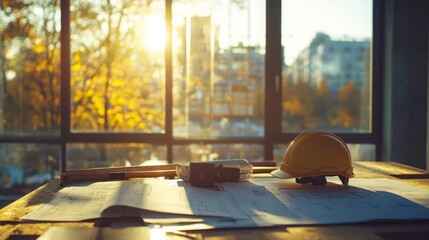 Poster - Blueprints and construction tools are laid out on a table in a bright workspace.