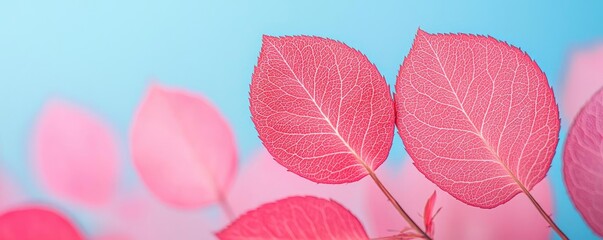 Fototapete - Rose leaves abstract background concept. Vibrant pink leaves against a soft blue background, showcasing nature's beauty.