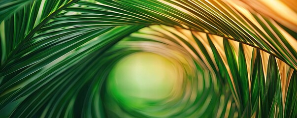 Poster - Palm leaves abstract background concept. Close-up view of vibrant green palm leaves creating a natural tunnel effect.