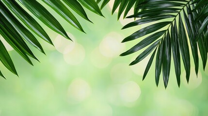 Poster - Palm leaves abstract background concept. Vibrant green palm leaves frame a soft, blurred background of nature.