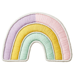 A colorful embroidered rainbow patch featuring pastel shades of purple, yellow, green, and pink.