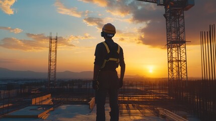 Poster - A construction worker stands on a high-rise building site, silhouetted against a vibrant sunset. The worker looks out over the city as the sun dips below the horizon, highlighting a crane.