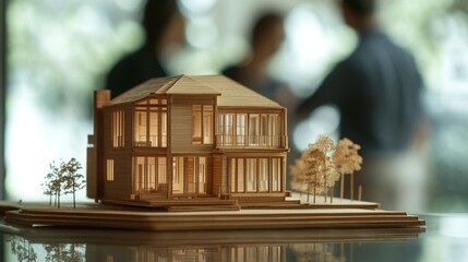 Aufkleber - A detailed wooden model of a contemporary house is displayed at a real estate event.