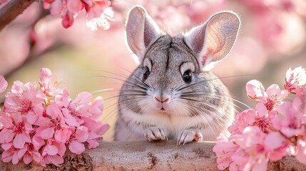 Wall Mural - Adorable chinchilla among pink blossoms.