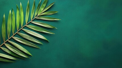 Poster - Palm leaves abstract background concept. A vibrant green palm leaf on a textured green background, symbolizing nature and freshness.