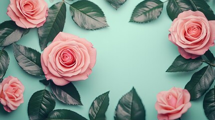 Fototapete - Rose leaves abstract background concept. Delicate pink roses arranged beautifully against a mint green background.
