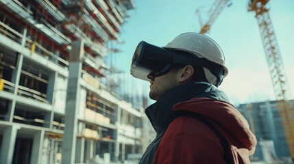 Fototapete - A construction professional uses virtual reality technology to visualize architectural plans at a busy development site. The experience aids in enhancing design accuracy and project efficiency.