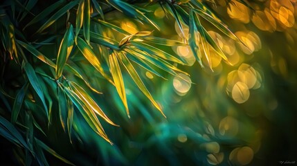 Golden sunlight illuminates vibrant green bamboo leaves, bokeh background.