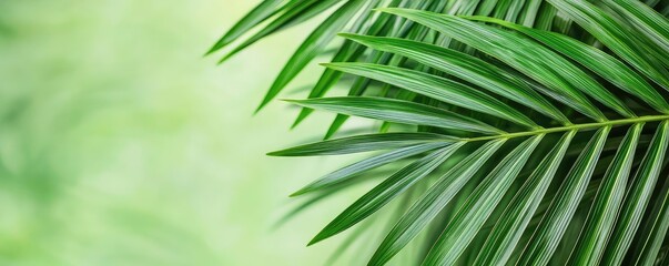 Poster - Palm leaves abstract background concept. Vibrant green palm leaves against a soft, blurred natural background.