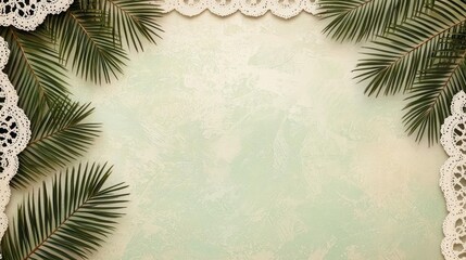 Poster - Palm leaves abstract background concept. Beautiful green background framed with palm leaves and delicate lace for creative designs.
