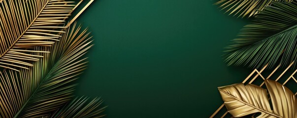 Poster - Palm leaves abstract background concept. Elegant golden leaves frame a dark green background for a lush, tropical feel.