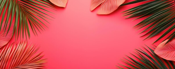 Poster - Palm leaves abstract background concept. Vibrant tropical leaves arranged beautifully on a pink background.