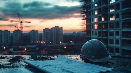 Fototapete - Construction plans lay on a ledge as a hard hat rests beside them. The sun sets behind a city skyline, casting a warm glow over the building site. Cranes can be seen working in the background.