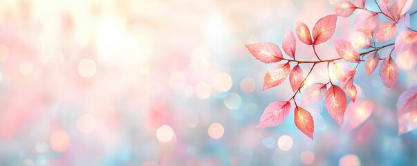 Fototapete - Rose leaves abstract background concept. Beautiful pastel-colored leaves against a dreamy bokeh background in soft focus.