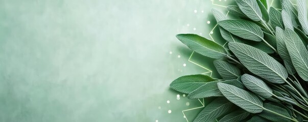 Poster - Sage leaves abstract background concept. Fresh green leaves arranged on a soft green background, symbolizing nature and tranquility.