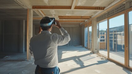Aufkleber - A real estate professional explores an expansive empty office space through virtual reality technology.
