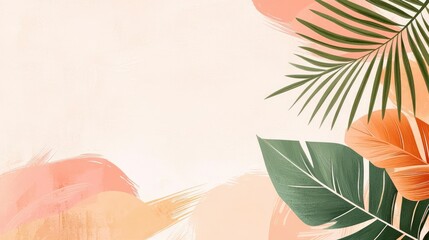 Poster - Palm leaves abstract background concept. A vibrant composition of tropical leaves against a soft pastel background.